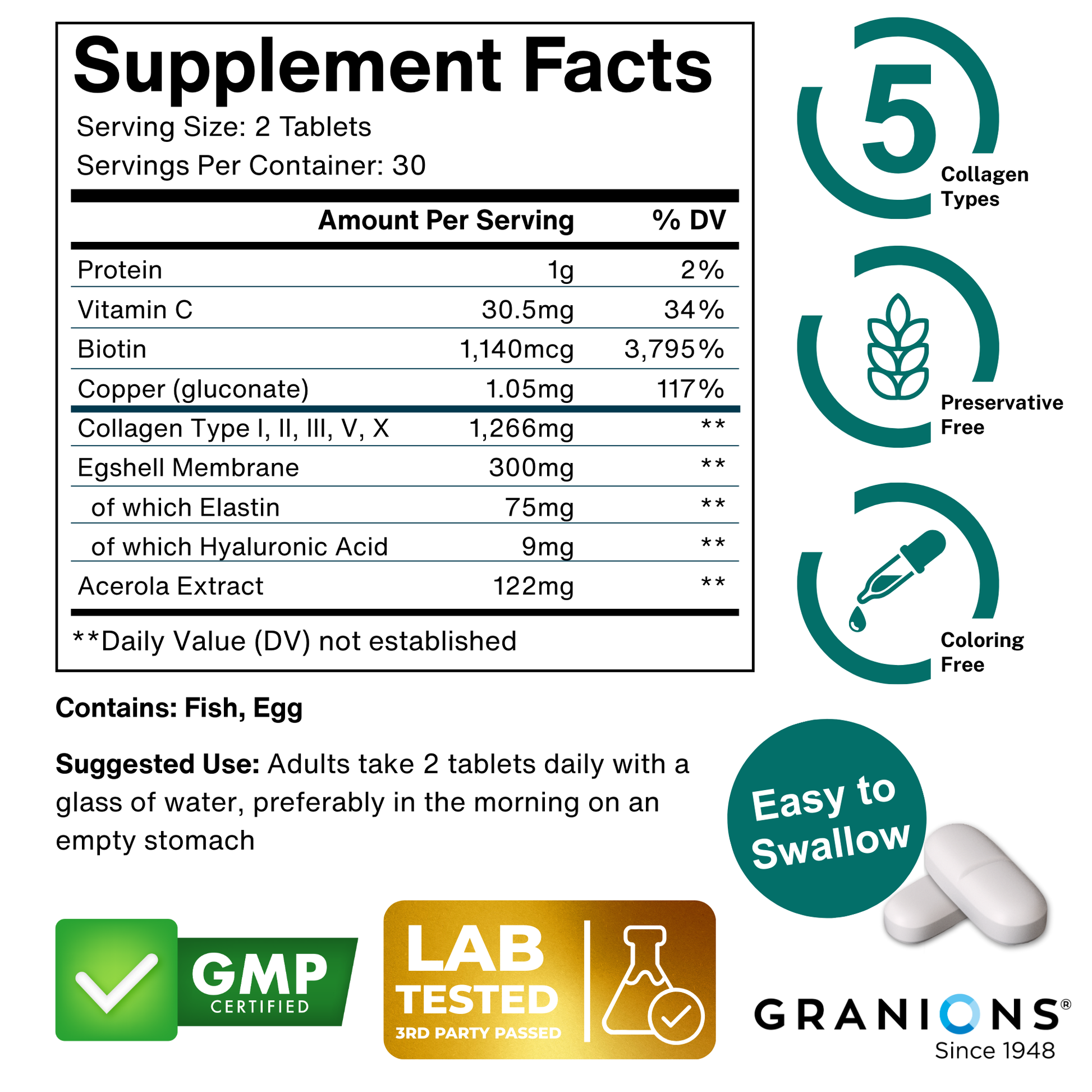 Supplement facts label with product details and branding on a white background