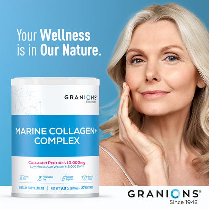 Granions Marine Collagen Complex supplement with a woman touching her face against a blue background
