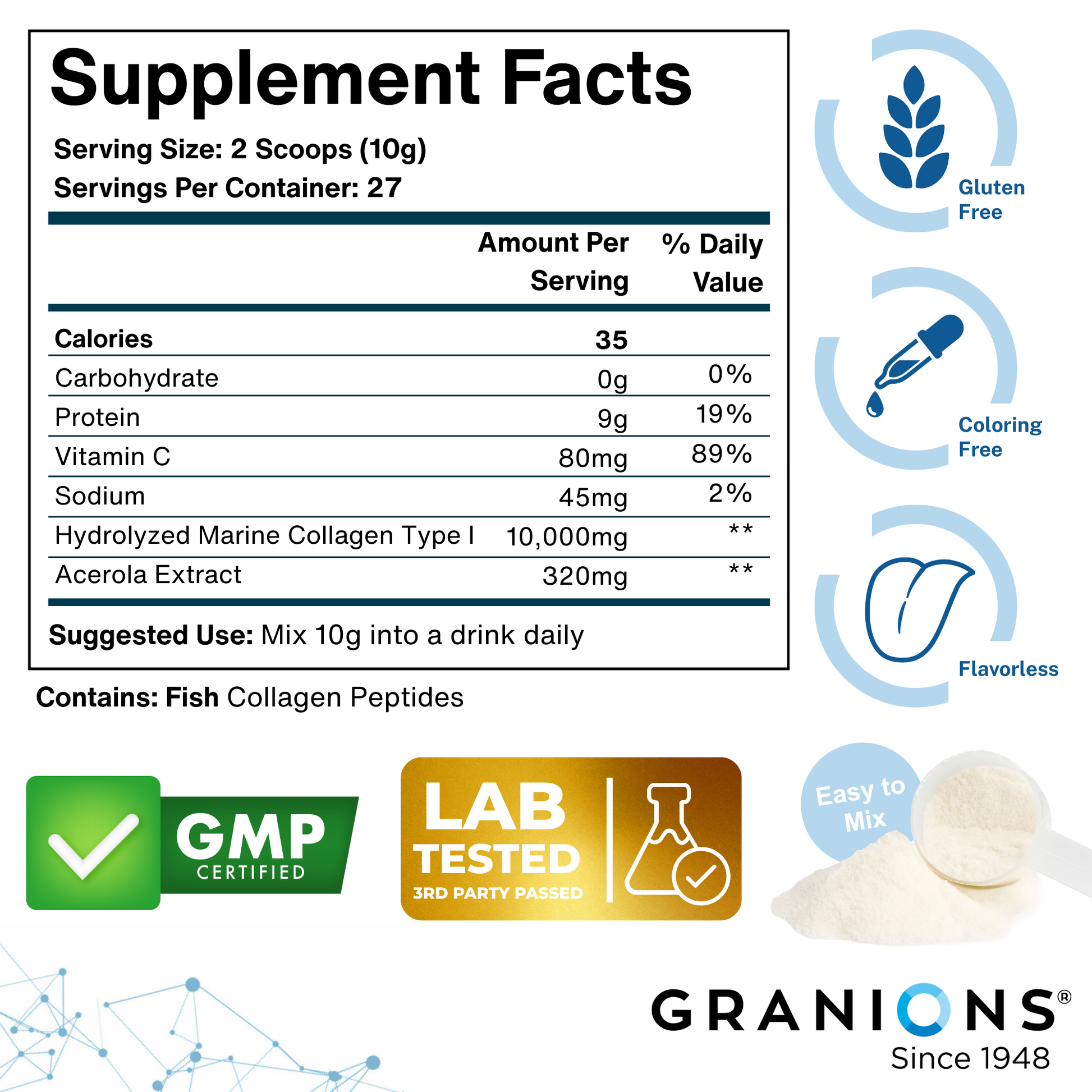 Supplement facts label with Granions branding and product features.