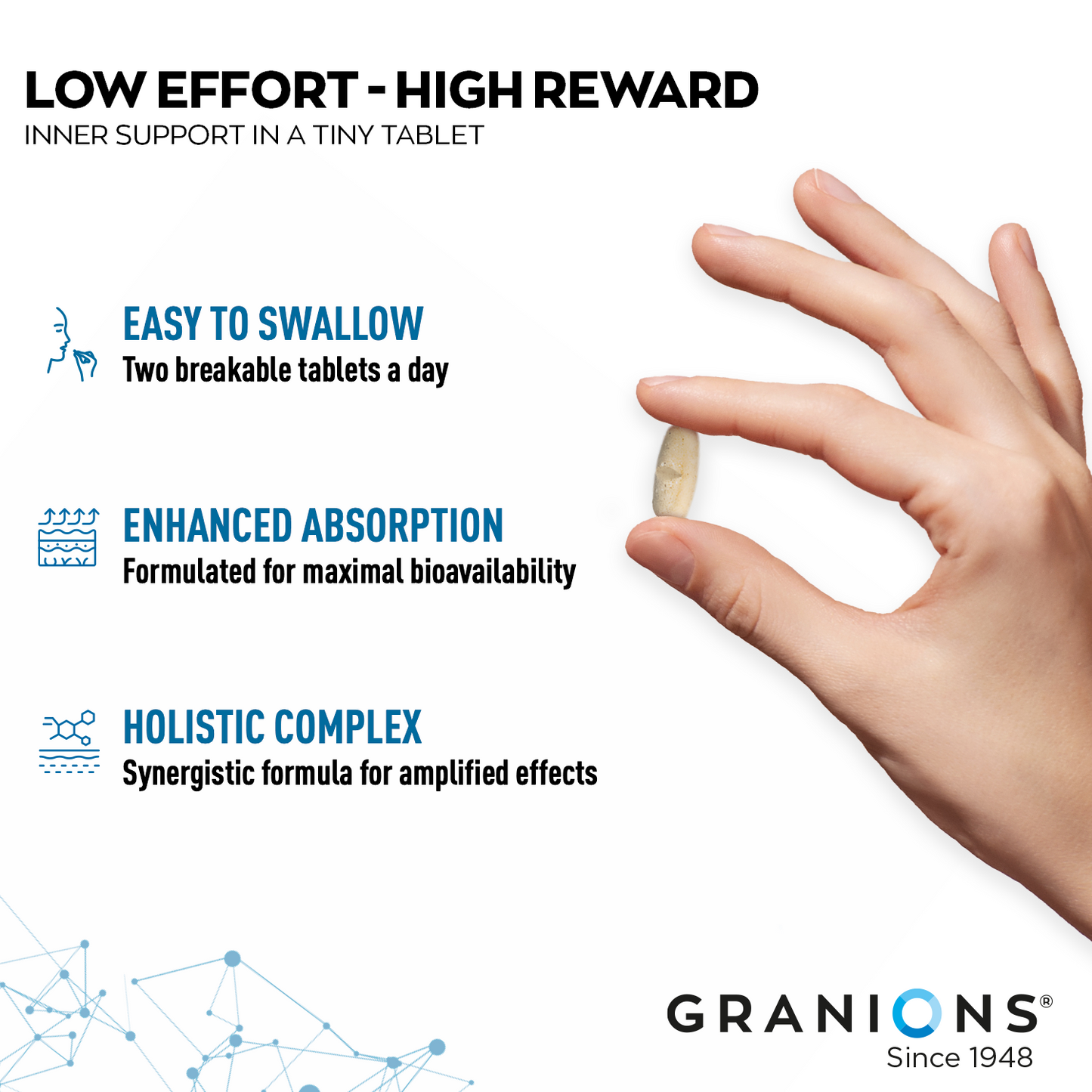 Hand holding a tablet with product features and Granions branding on a white background