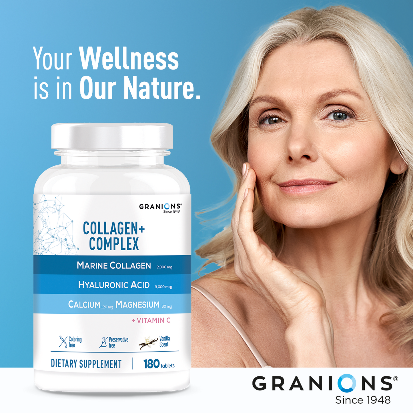Granions Collagen+ Complex supplement bottle with a woman touching her face against a blue background