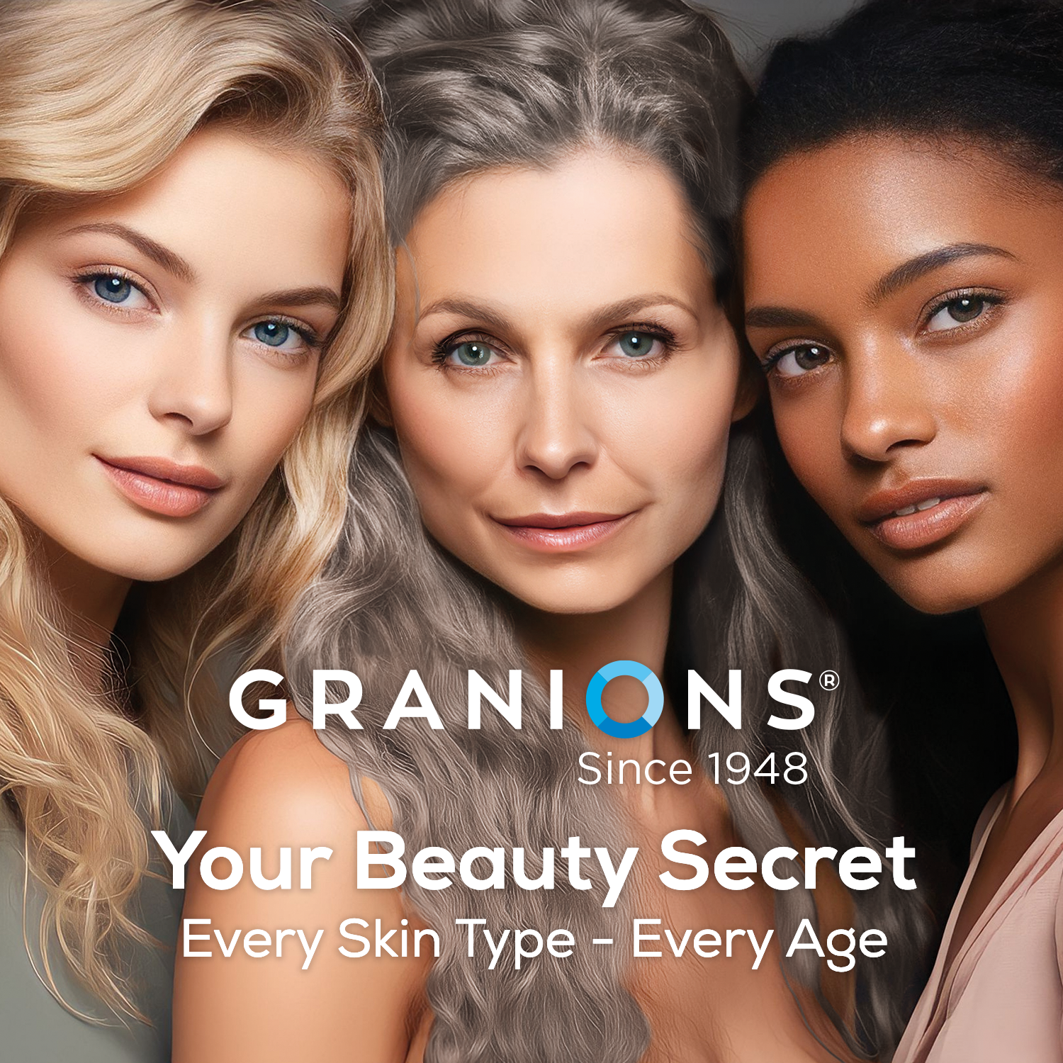 Three women with different hair colors and skin tones, featuring the Granions brand logo and text.