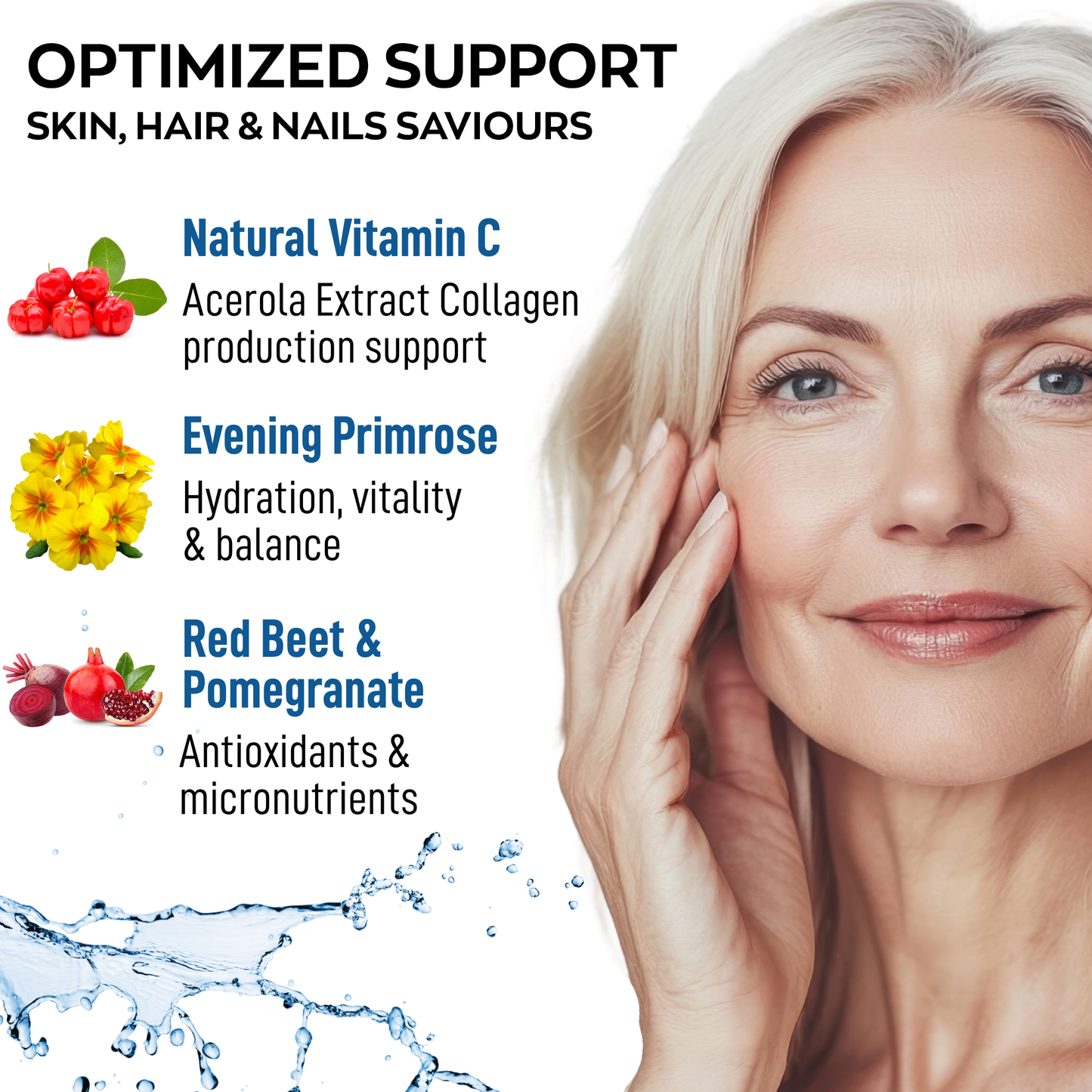 Advertisement for a skincare product with a woman's face and ingredients listed.