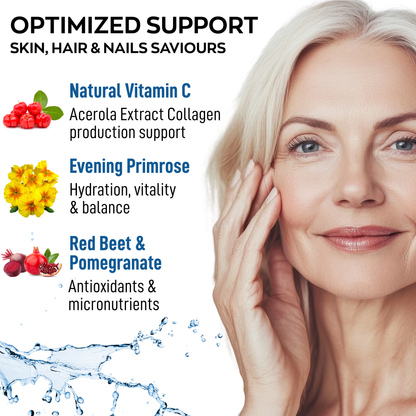 Advertisement for a skincare product with a woman's face and ingredients listed.