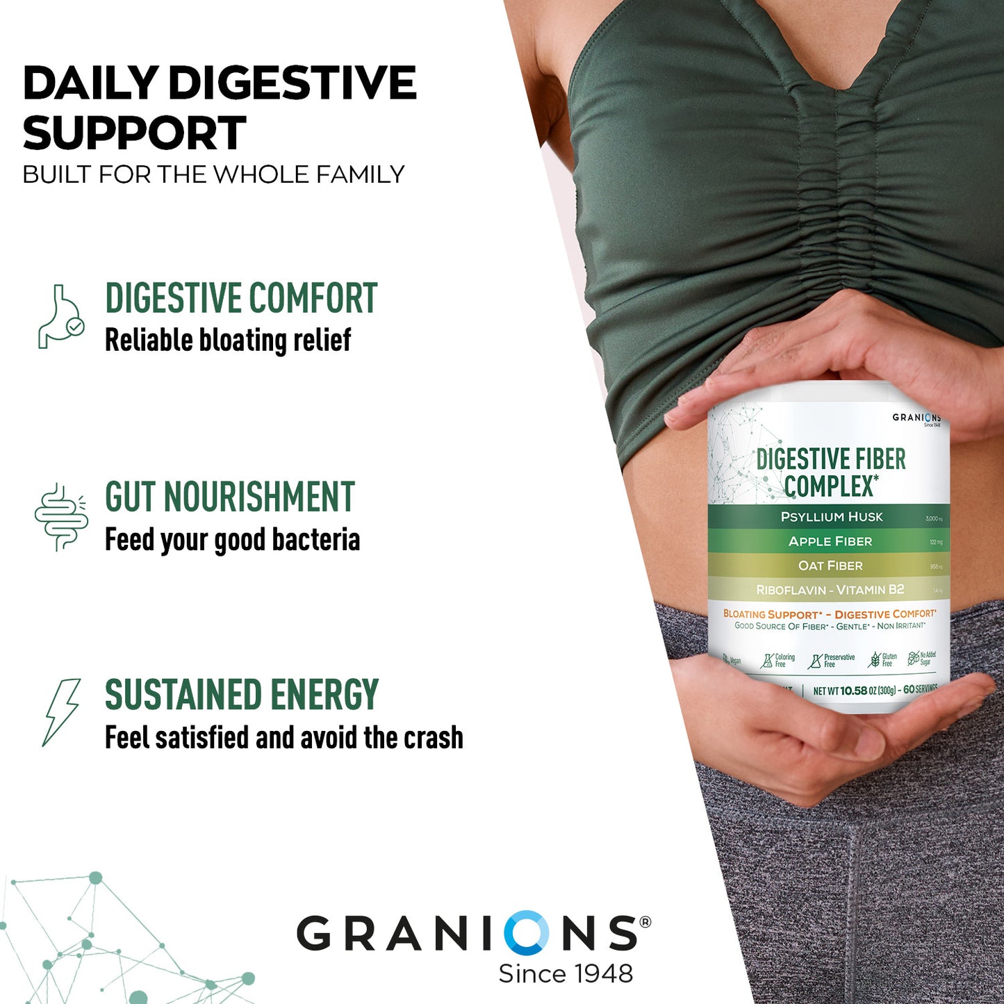 Person holding a container of Granions Digestive Fiber Complex with product features listed on the left.