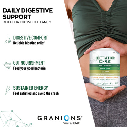 Person holding a container of Granions Digestive Fiber Complex with product features listed on the left.