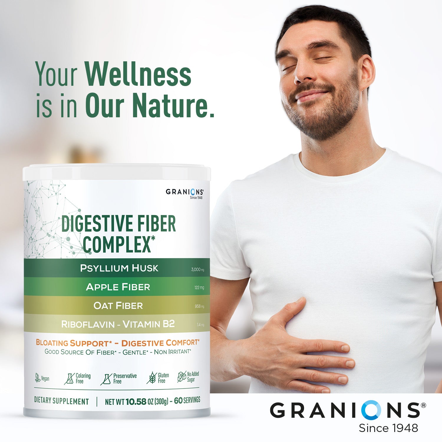 Granions Digestive Fiber Complex supplement with a man holding his stomach, against a white background.
