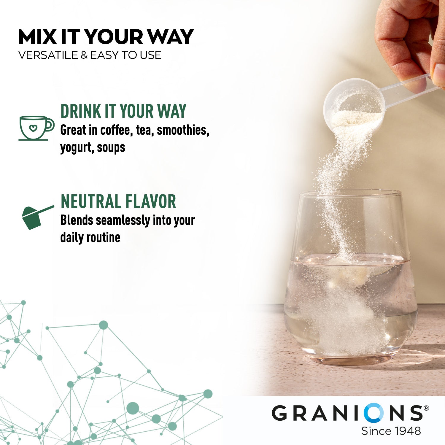 Granions product being added to a glass of water with branding and text on a white background