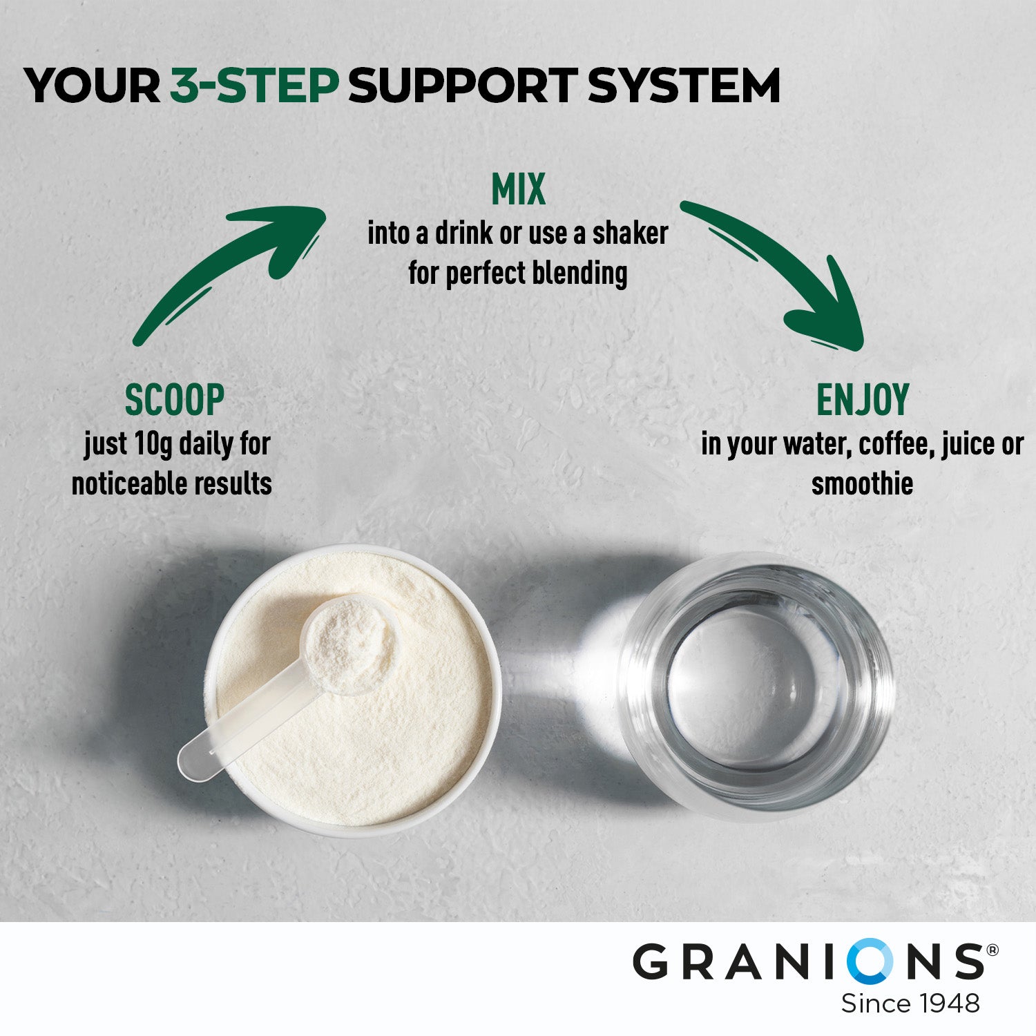 Granions protein powder with instructions on how to use it, featuring a scoop and a glass of water.