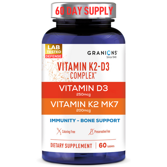 Supplement bottle labeled 'Vitamin K2-D3 Complex' with '60 Day Supply' on a white background.