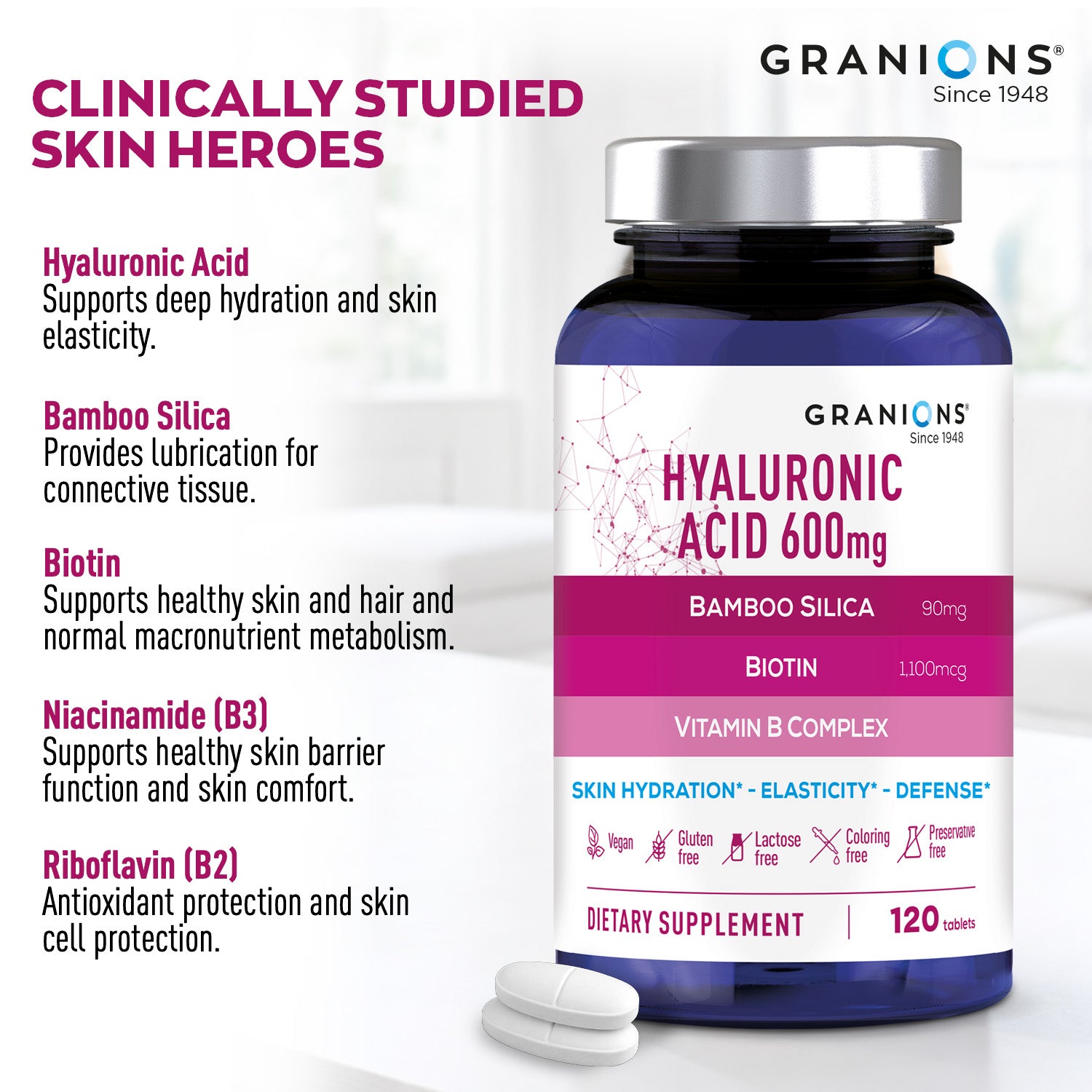 Granions Hyaluronic Acid supplement bottle with product details on a white background