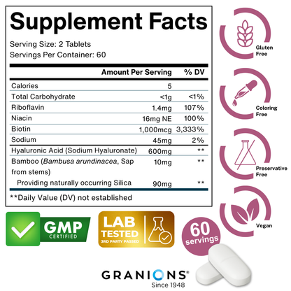 Supplement facts label with product details and certification logos on a white background