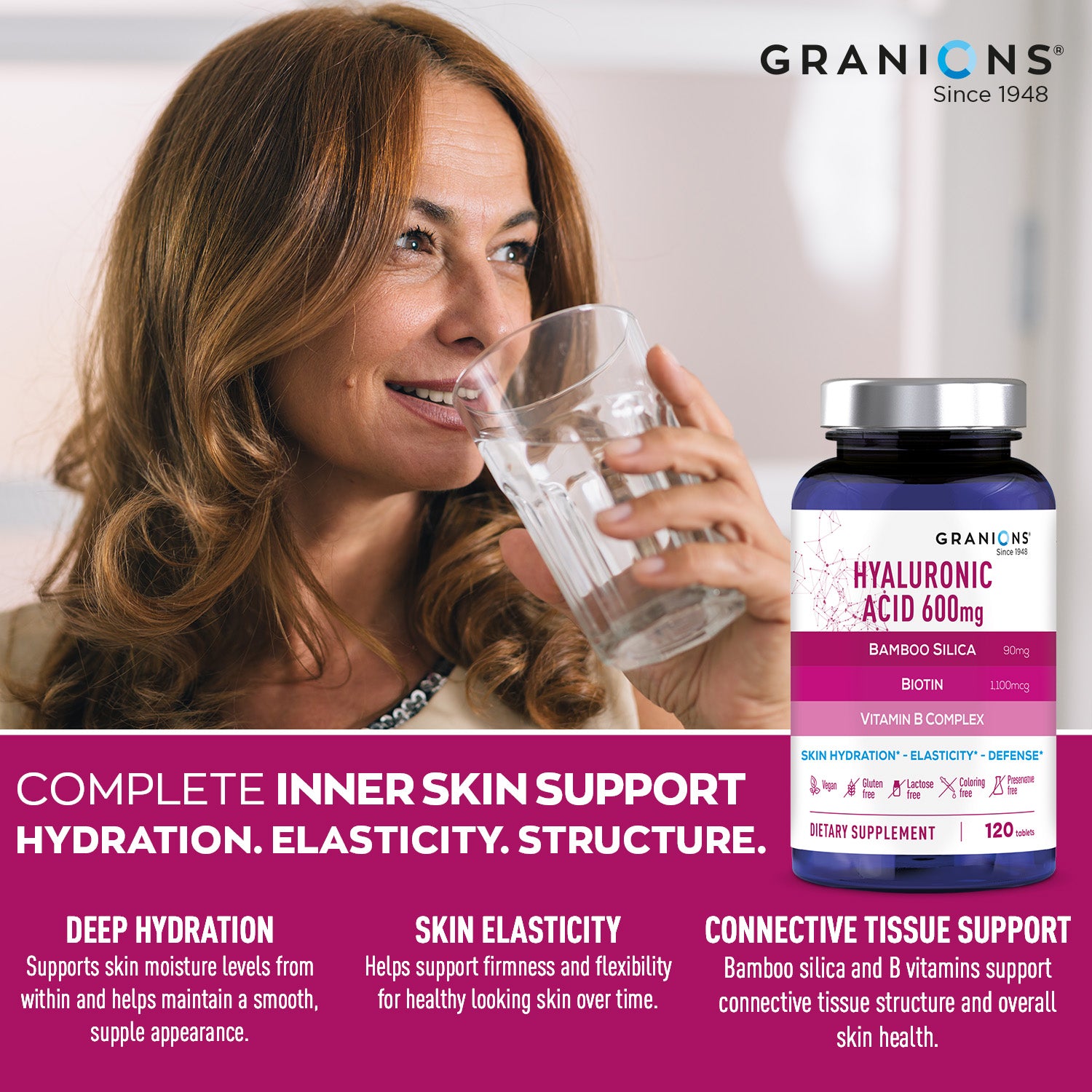 Woman holding a glass of water next to a Granions Hyaluronic Acid supplement bottle.