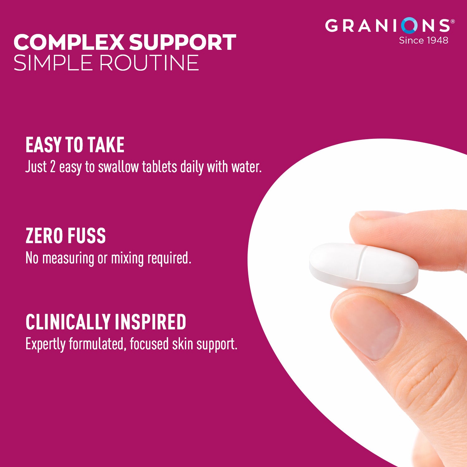 Granions skin support product advertisement with a hand holding a tablet against a pink background.
