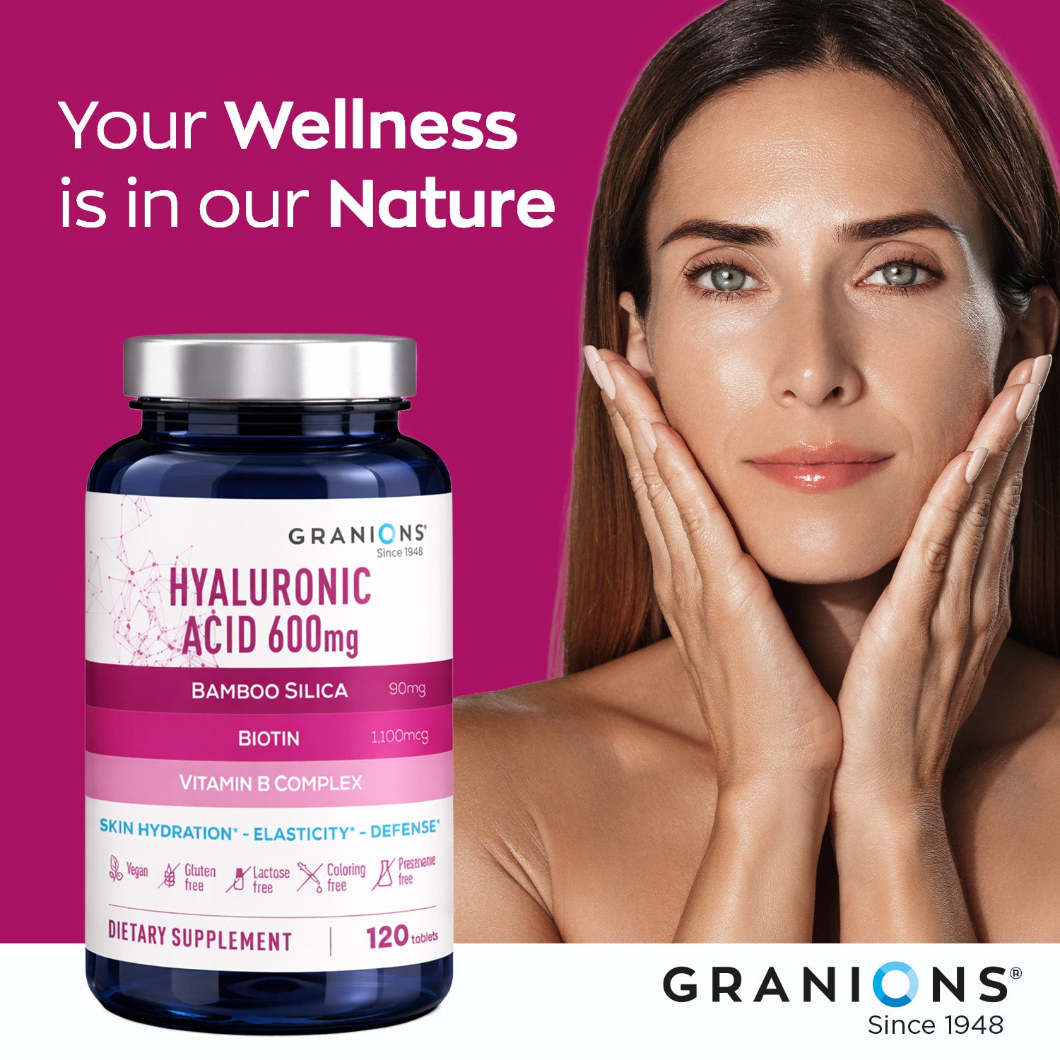 Granions Hyaluronic Acid supplement bottle with a woman touching her face against a pink background