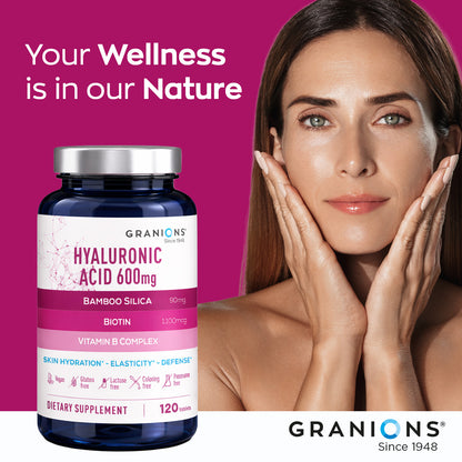 Granions Hyaluronic Acid supplement bottle with a woman touching her face against a pink background