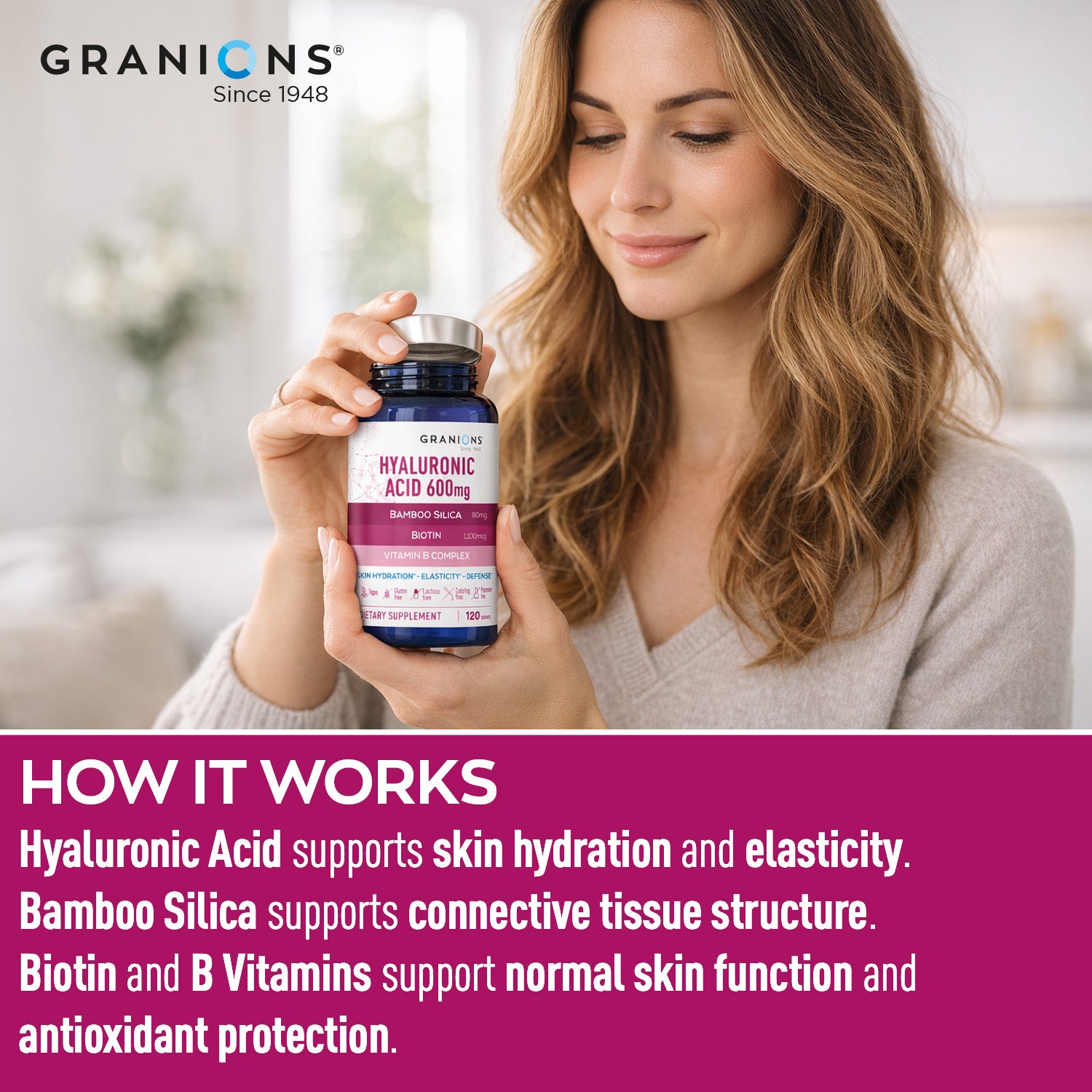 Woman holding a Granions supplement bottle with product details and benefits displayed.