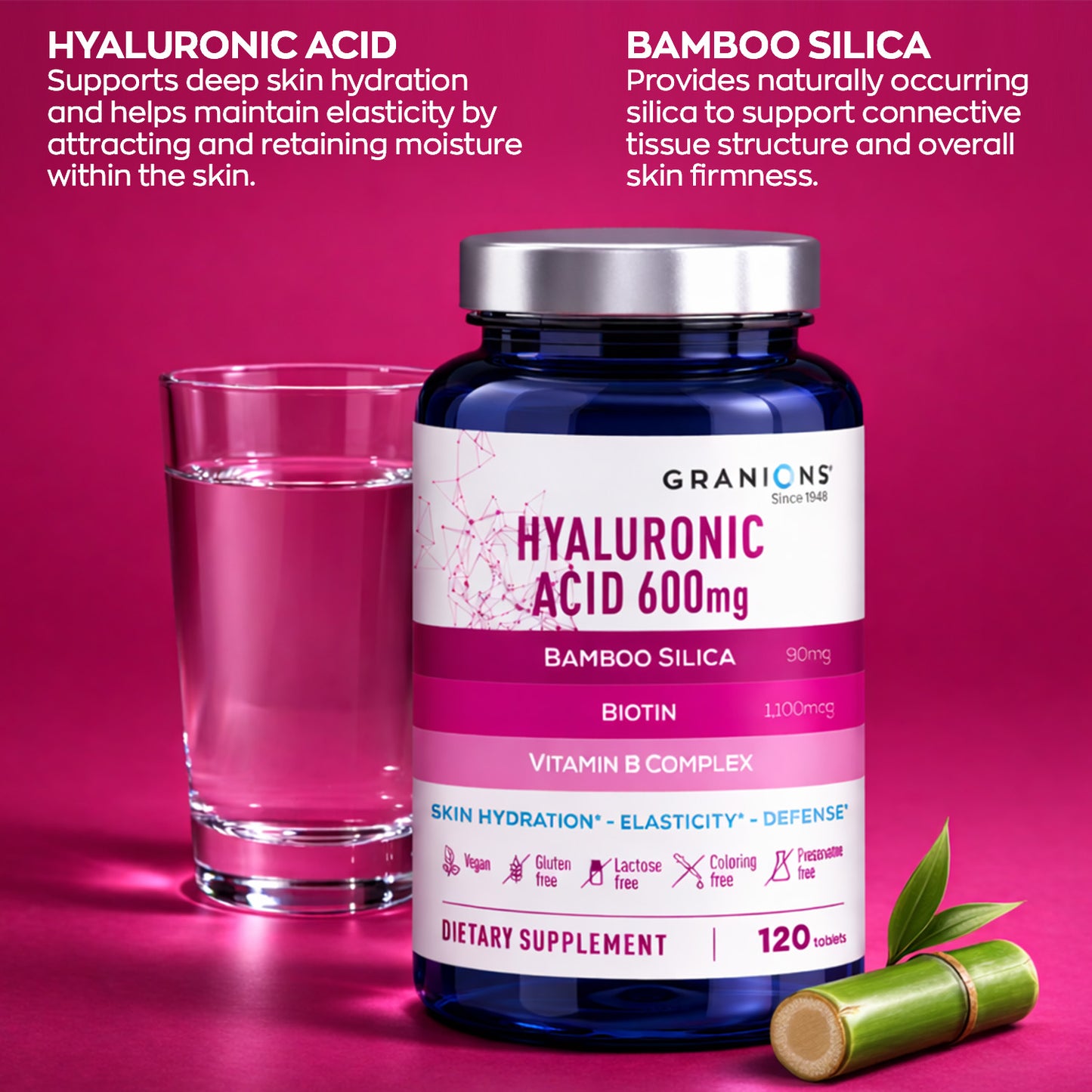 Supplement bottle labeled 'Hyaluronic Acid 600mg' with a glass of water on a pink background