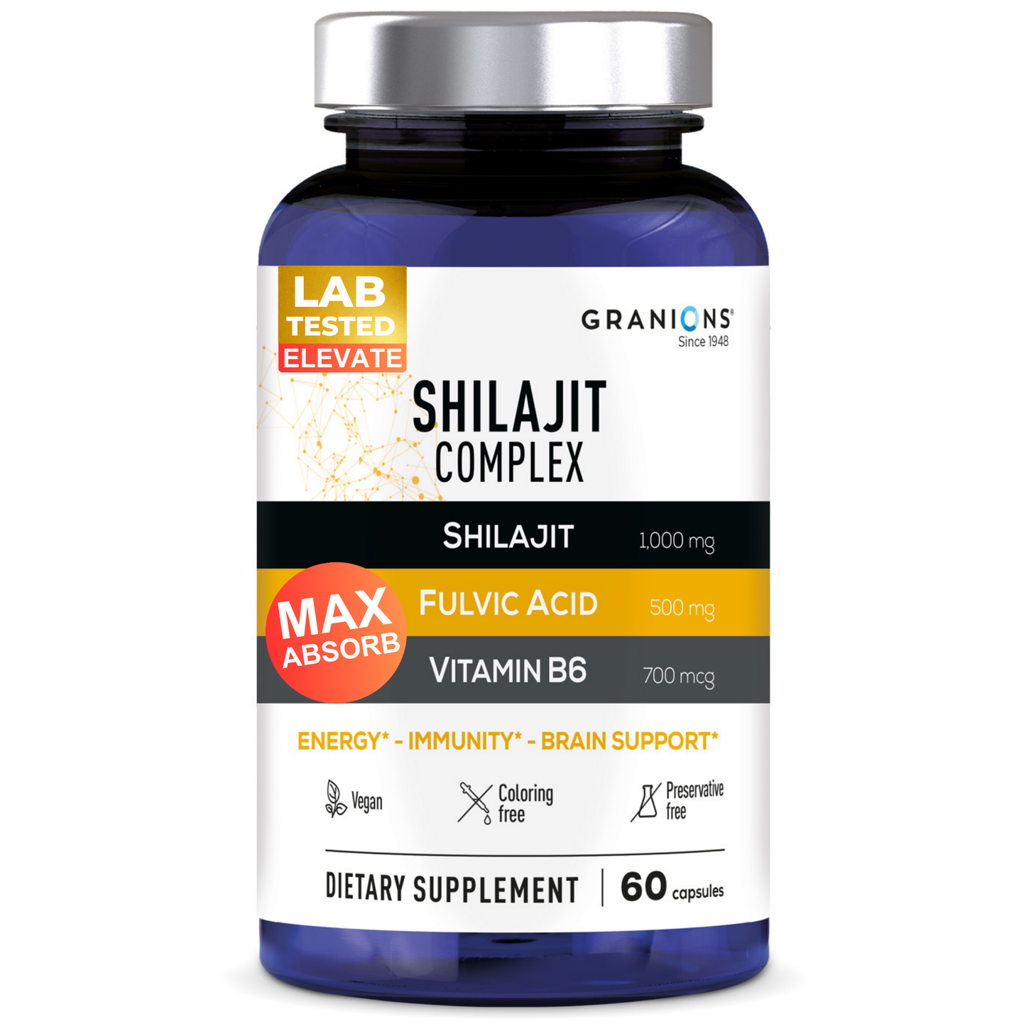 Supplement bottle labeled 'Shilajit Complex' by Granions on a white background