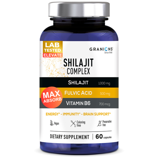 Supplement bottle labeled 'Shilajit Complex' by Granions on a white background