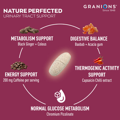 Granions urinary tract support supplement infographic with ingredients and benefits on a purple background.