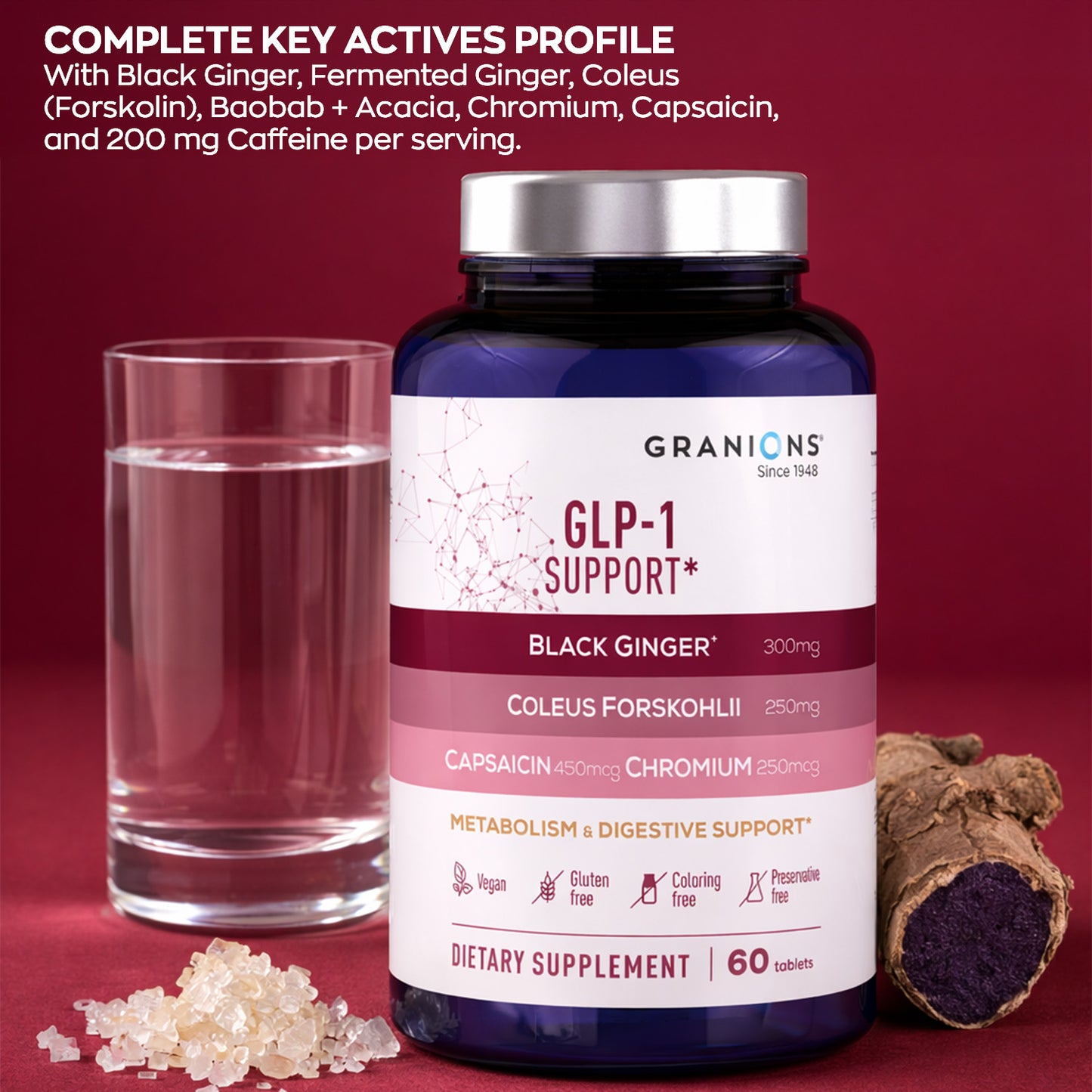 Supplement bottle labeled 'GLP-1 Support' with key ingredients listed on a red background.