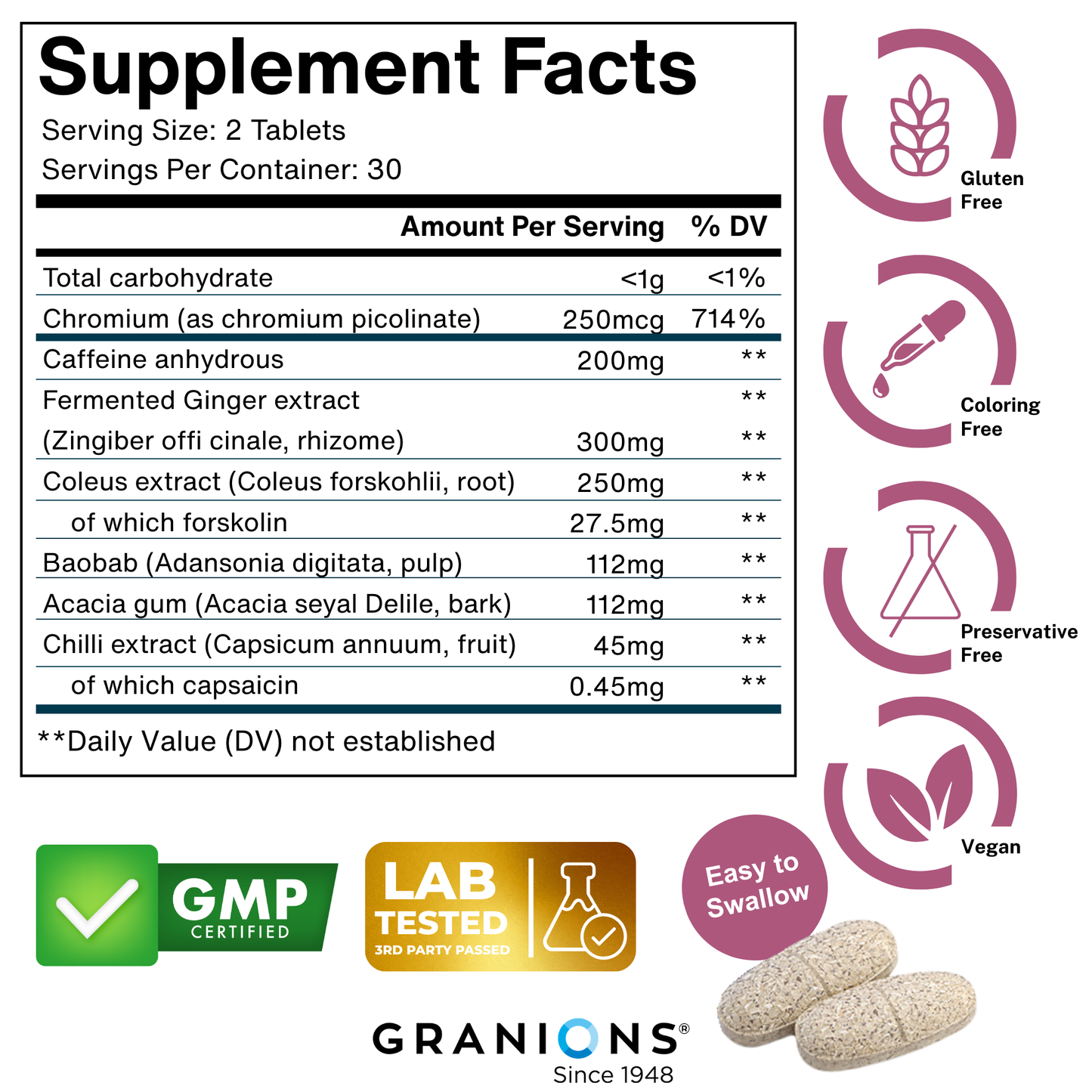 Supplement facts label with product details and certification logos on a white background