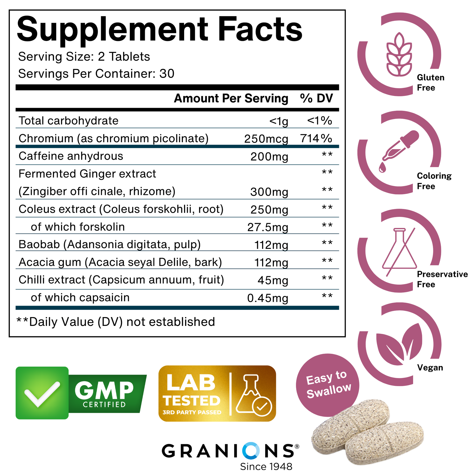 Supplement facts label with product details and certification logos on a white background