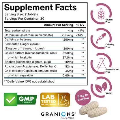 Supplement facts label with product details and certification logos on a white background