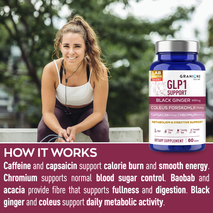 Woman outdoors with a supplement bottle labeled 'GLP1 Support' and descriptive text about its benefits.
