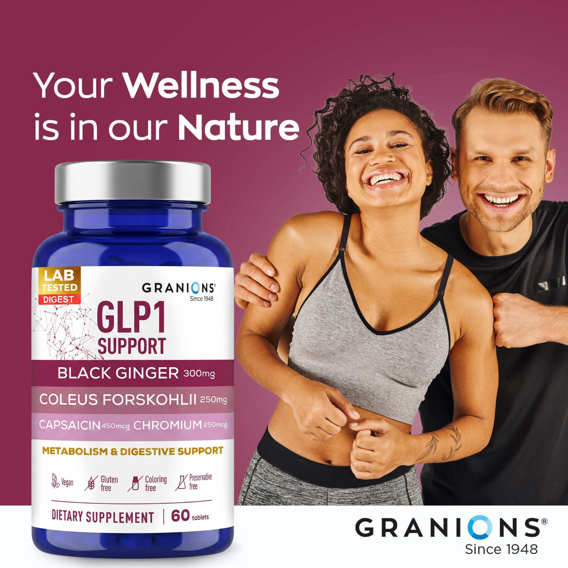 Supplement bottle labeled 'GLP1 Support' with a couple on a purple background, featuring Granions branding.