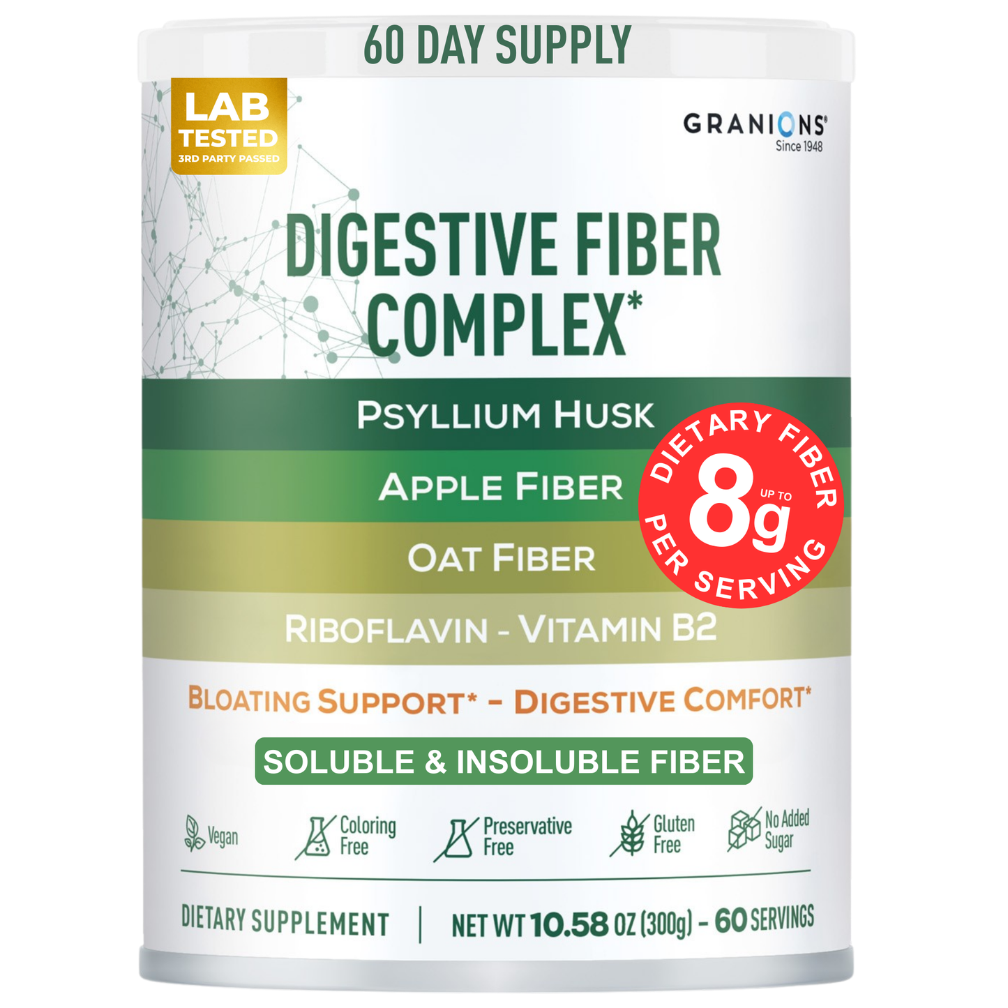Granions Digestive Fiber Complex supplement container on a white background