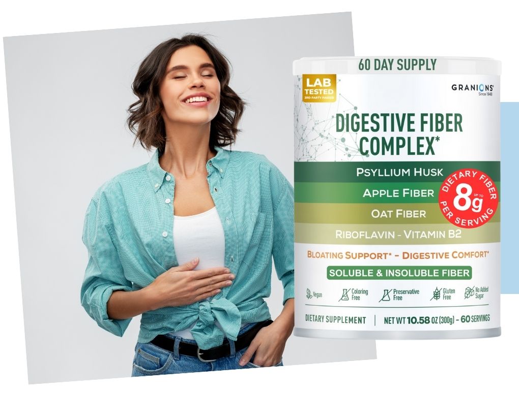 Woman with a 60-day supply of digestive fiber complex supplement packaging.