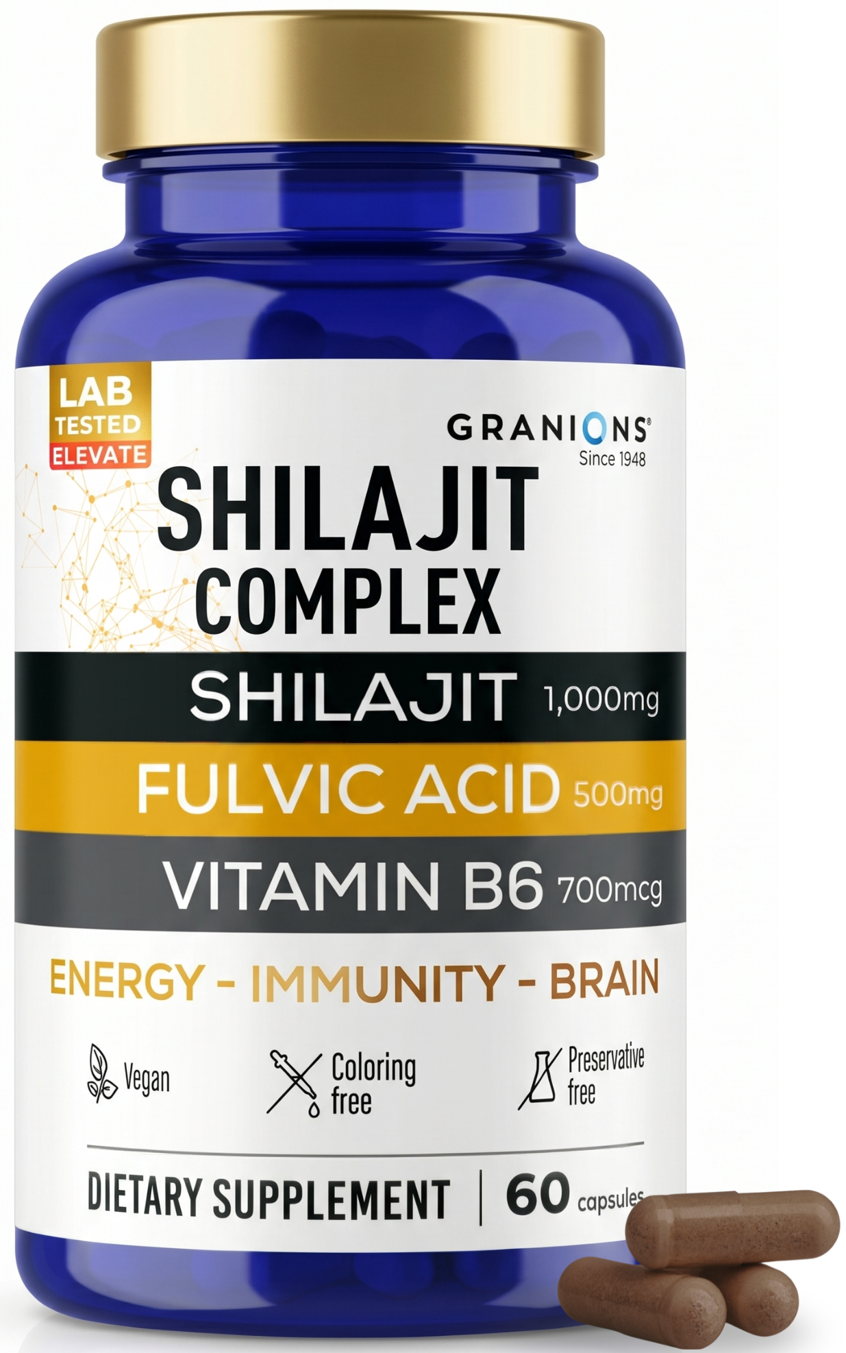 Supplement bottle labeled 'Shilajit Complex' with capsules on a white background