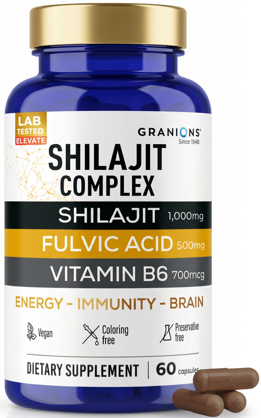 Supplement bottle labeled 'Shilajit Complex' with capsules on a white background