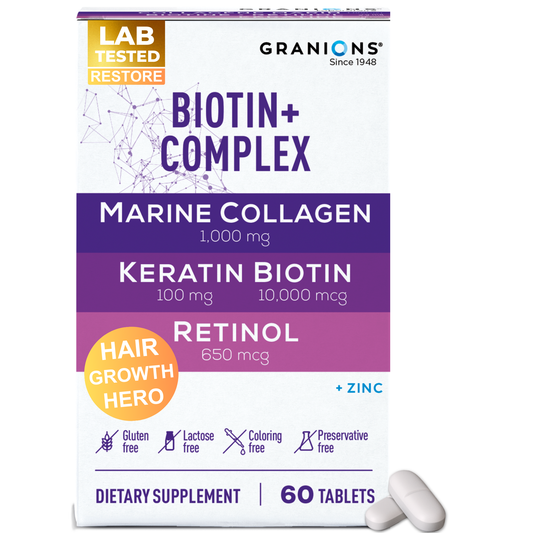 Granions Biotin+ Complex supplement in tablet form with 1,000mg Marine Collagen, 100mg Keratin, 10,000mcg Biotin, 650mcg Retinol, and added Zinc. Features “Hair Growth Hero” and “Lab Tested Restore” badges. Gluten-free, lactose-free, coloring-free, and preservative-free. Contains 60 tablets.
