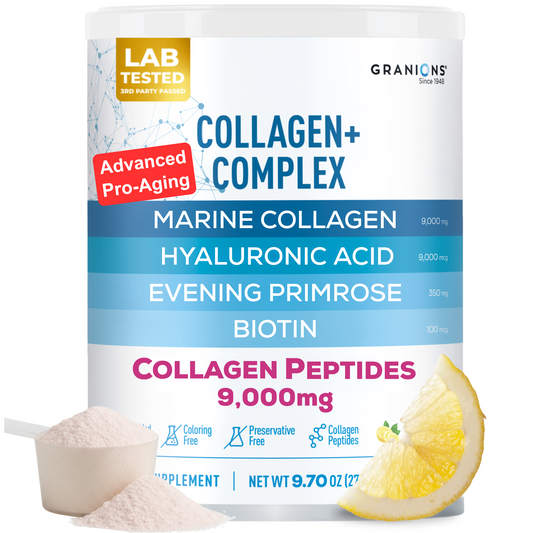 Granions Collagen+ Complex powder with 9,000mg Marine Collagen, 9,000mg Hyaluronic Acid, 350mg Evening Primrose, and 100mcg Biotin. Features lemon wedge, scoop of powder, and icons for coloring-free, preservative-free, and collagen peptides. Labeled as lab-tested and “Advanced Pro-Aging” formula.