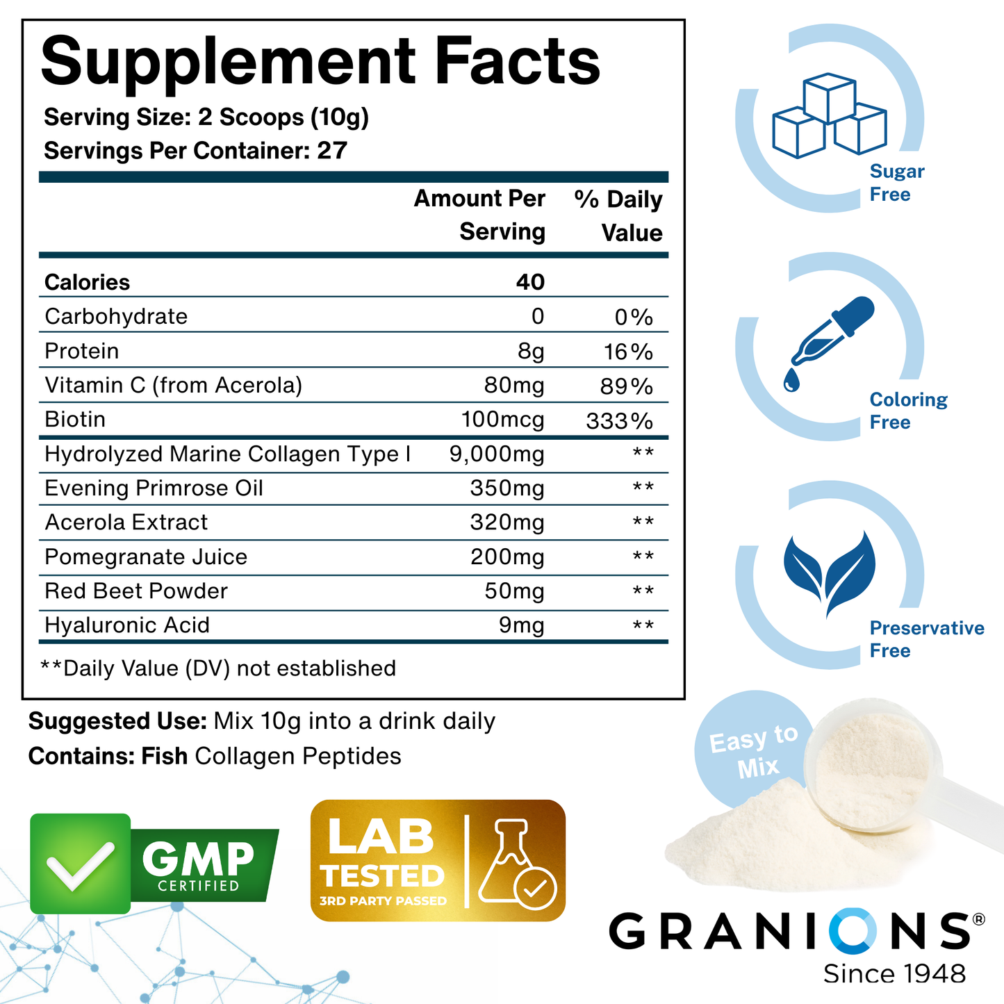 Supplement facts label with product details and branding for Granions.