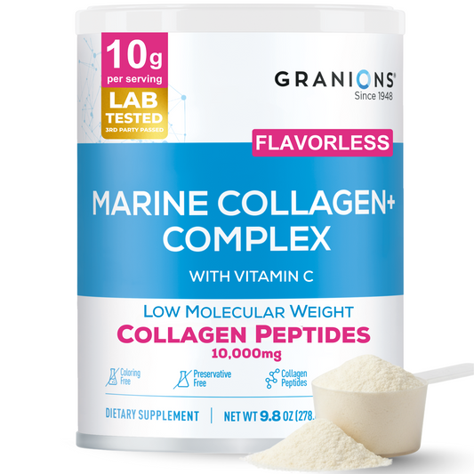Granions Marine Collagen+ Complex powder supplement with 10,000mg low molecular weight collagen peptides and added Vitamin C. Label highlights flavorless formula, 10g per serving, lab-tested quality, and free from coloring and preservatives. Includes powder scoop and clean white-blue design.