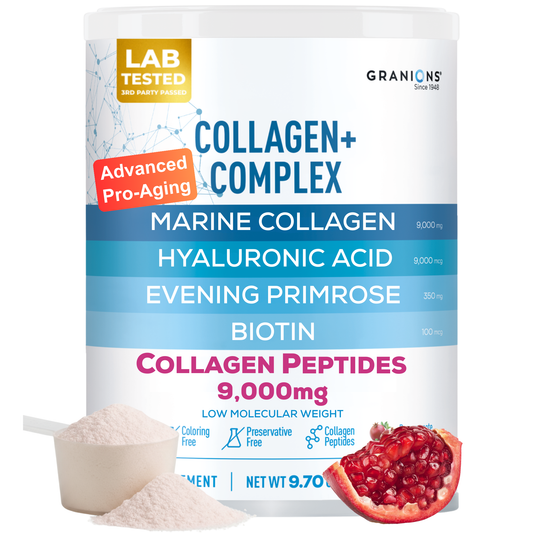 Granions Collagen+ Complex powder supplement with 9,000mg Marine Collagen, 9,000mg Hyaluronic Acid, 350mg Evening Primrose, and 100mcg Biotin. Features lab-tested badge, pomegranate flavor, scoop of powder, and callouts for being coloring-free, preservative-free, and rich in collagen peptides.