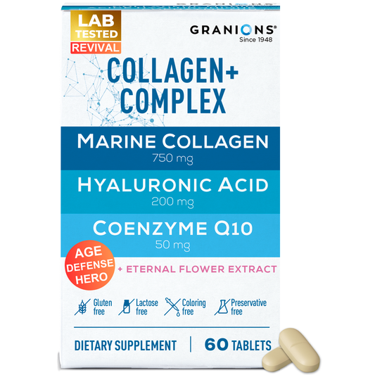 Granions Collagen+ Complex Revival supplement in tablet form with 750mg Marine Collagen, 200mg Hyaluronic Acid, 50mg Coenzyme Q10, and Eternal Flower Extract. Labeled as gluten-free, lactose-free, coloring-free, and preservative-free. Features “Age Defense Hero” badge and includes 60 tablets per pack.