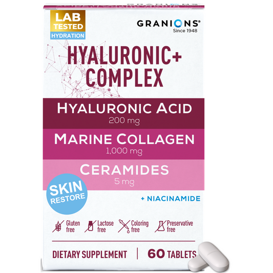 Granions Hyaluronic+ Complex skin supplement in tablet form featuring 200mg Hyaluronic Acid, 1,000mg Marine Collagen, 5mg Ceramides, and added Niacinamide. Labeled as gluten-free, lactose-free, coloring-free, and preservative-free. “Skin Restore” and “Lab Tested Hydration” badges shown. Contains 60 tablets.