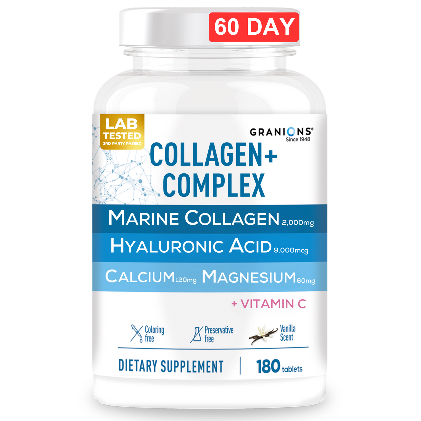 Supplement bottle labeled 'Collagen + Complex' with marine collagen, hyaluronic acid, calcium and magnesium and vitamin C on a white background