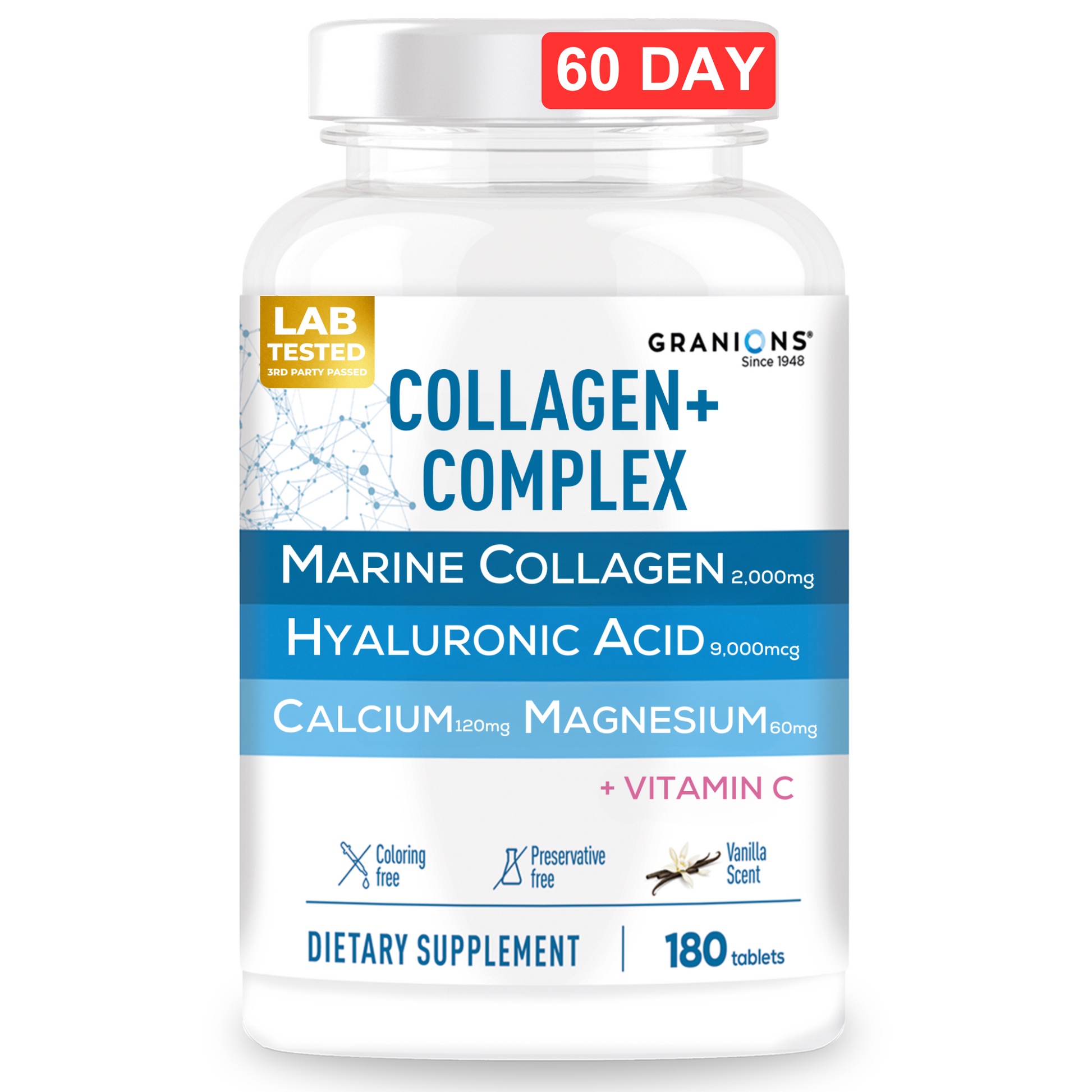 Supplement bottle labeled 'Collagen + Complex' with marine collagen, hyaluronic acid, calcium and magnesium and vitamin C on a white background