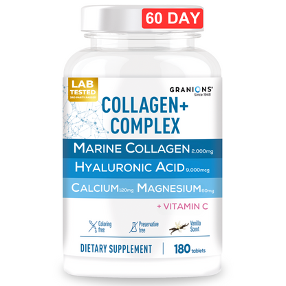 Supplement bottle labeled 'Collagen + Complex' with marine collagen, hyaluronic acid, calcium and magnesium and vitamin C on a white background