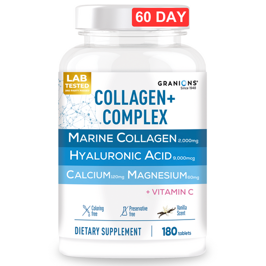 Supplement bottle labeled 'Collagen + Complex' with marine collagen, hyaluronic acid, calcium and magnesium and vitamin C on a white background