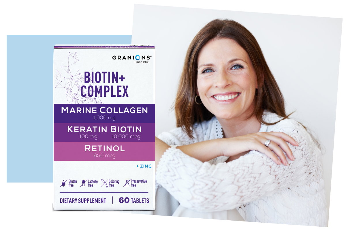 Granions Biotin Complex tablets with smiling woman with nice hair and nails