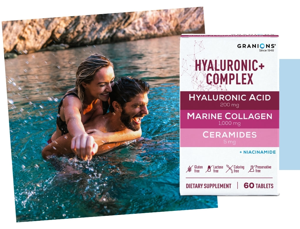 Granions Hyaluronic Acid Complex with man and woman playing in the sea