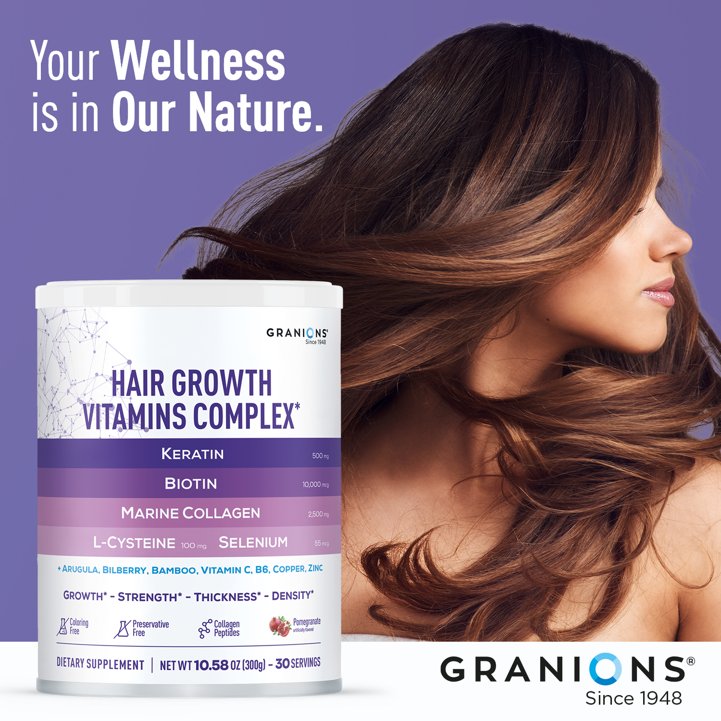 Granions Hair Growth Vitamins Complex with a woman with long hair on a purple background