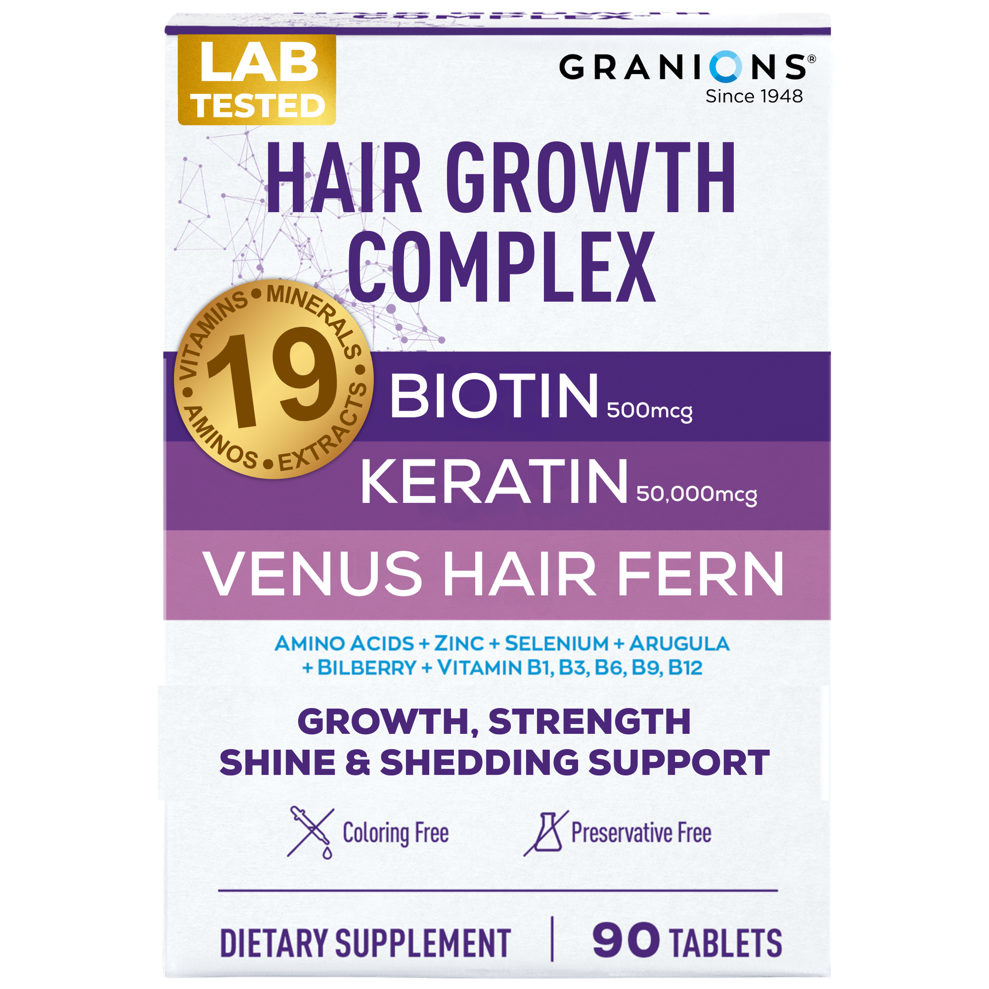 Granions Hair Growth Complex packaging with purple and white design